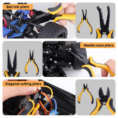 11 in 1 Pro Multi RC Tool Kit Box Set with pliers for RC cars, drones, planes, showing ball link, needle-nose, and diagonal cutting pliers.