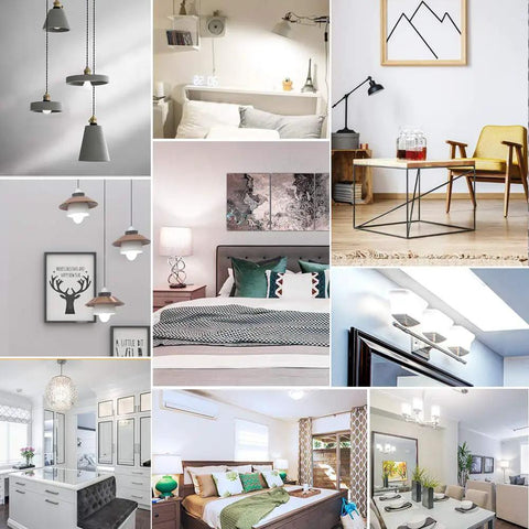 Collage of home interiors with various lighting fixtures highlighting Massive Energy Savings 23W A21 LED Bulbs Replacing 150 to 200W Incandescent, 2500 Lumens, 5000K Daylight White, E26 Base, Not Dimmable, 6 Pack, Bright, Long Lasting, Ideal Home Lighting Upgrade.