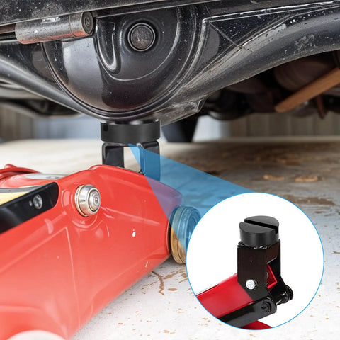 Universal Rubber Jack Stand Pads 8 Pack With Round And V Groove Designs Heavy Duty Pinch Weld Protectors in use with floor jack
