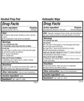 Be Smart Get Prepared 110 pc First Aid Kit packaging; two Drug Facts panels for Alcohol Prep Pad and Antiseptic Wipe.