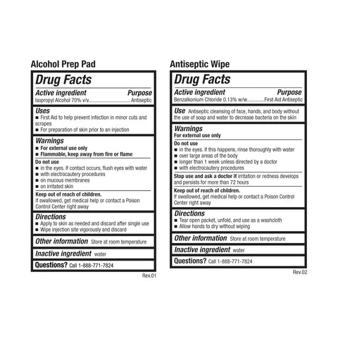 Be Smart Get Prepared 110 pc First Aid Kit packaging; two Drug Facts panels for Alcohol Prep Pad and Antiseptic Wipe.