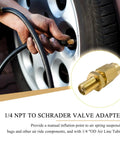 Brass Schrader Valve Set with 1/4 Inch Push to Connect in use for air line inflation on vehicle tire, highlighting adapter details.