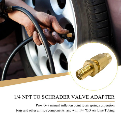 Brass Schrader Valve Set with 1/4 Inch Push to Connect in use for air line inflation on vehicle tire, highlighting adapter details.