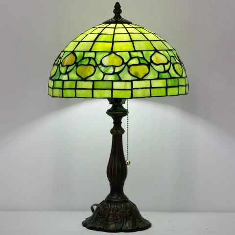 Tiffany Style Stained Glass Table Lamp With 12 Inch Shade And 19 Inch Tall Antique Bronze Base UL Listed Reading Light Pull Chain Easy Assembly Cozy Glow Vibe Green Apple Heart Pattern