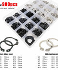 900-Piece All-In-One External Snap Ring Kit 5-20mm C Type Circlips Stainless Steel Black 65Mn GB894 Retaining Clips in box.