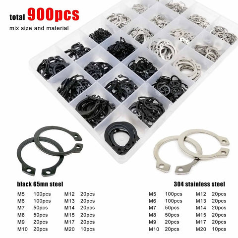 900-Piece All-In-One External Snap Ring Kit 5-20mm C Type Circlips Stainless Steel Black 65Mn GB894 Retaining Clips in box.
