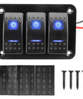 12-24V Boat Switch Panel With Illuminated Rocker Switches Aluminum Pre-Wired Dash Panel, 3 Gang Blue LED, IP65 Waterproof, screws included