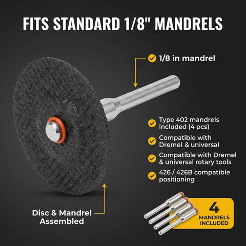 Heavy Duty 50 Pack Rotary Tool Metal Cutting Discs With Four Mandrels For 1/8 Inch Tools shown with mandrel and discs
