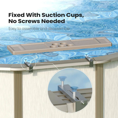 Poolside Drink Bar Table For Above Ground Pools With Five Cup Holders, Portable Swim Up Bar With Suction Cups, 47 by 11 Inches installed with suction cups on pool edge