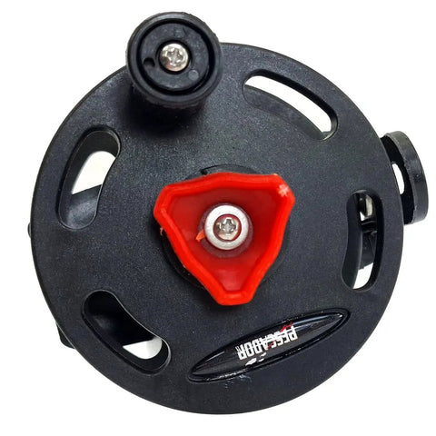 Top view of Universal Composite Speargun Reel 30M For Spearfishing with sliding stainless line guide and dual mount brackets.