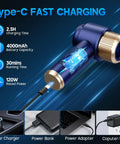 Powerful 16000Pa Handheld Cordless Vacuum Cleaner with 2 in 1 air duster showing Type-C charging and 4000mAh battery.