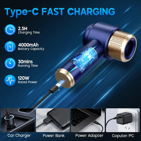 Powerful 16000Pa Handheld Cordless Vacuum Cleaner with 2 in 1 air duster showing Type-C charging and 4000mAh battery.