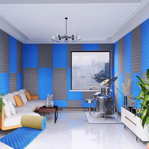 Solid Acoustic Foam Panels For Room Noise Blocking Quick Rebound Soundproof Wall Tiles Peel And Stick studio setup with blue panels.