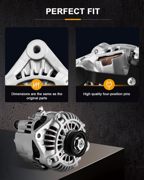 Plug And Play Alternator Replacement For Mazda Protege 1999 2000 2001 2002 2003 And Protege5 2002 2003 High Output Direct Fit Unit Ready To Install 13719 Durable Tested For Quick Install - front and side view with details on dimensions and pins