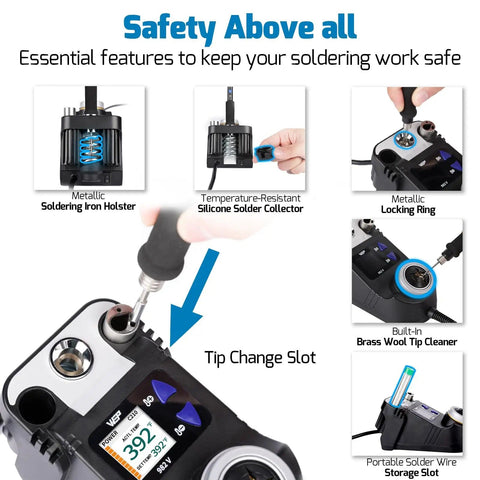 Micro Soldering Kit With 5 C210 Tips, Pro Grade Precision Soldering Station safety features include iron holster and tip change slot.