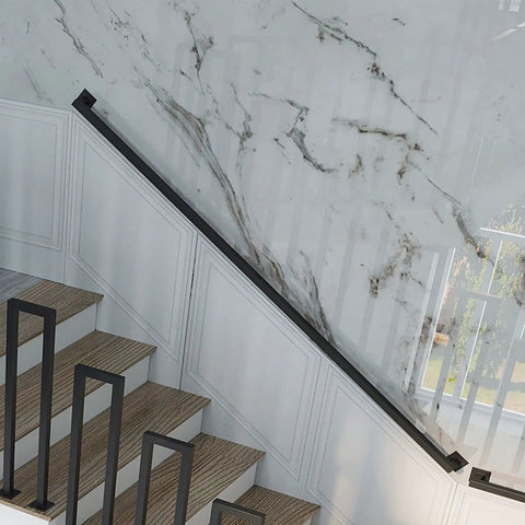Modern Wrought Iron Stair Handrail And Adjustable Metal Railing featuring heavy duty square pipe bannister secured on wooden steps.