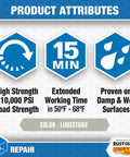 Concrete Crack Repair Sealant Quick Set Pro 8.6 Oz Limestone attributes with high strength, 15 min working time, damp surfaces proof.