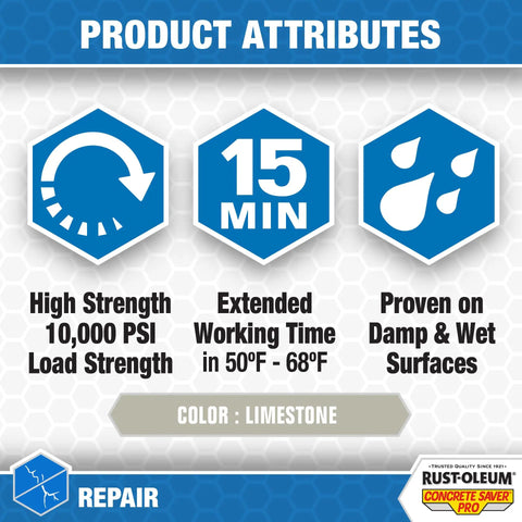 Concrete Crack Repair Sealant Quick Set Pro 8.6 Oz Limestone attributes with high strength, 15 min working time, damp surfaces proof.