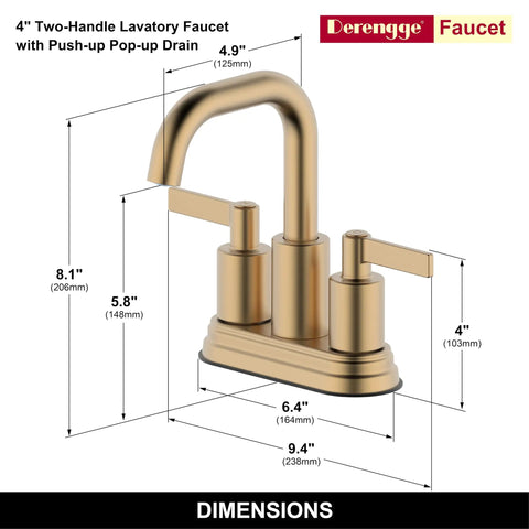 Dimensions of Brushed Gold Two Handle 4 Inch Centerset Bathroom Faucet With Push Up Pop Up Drain No Fuss Easy DIY Install Solid Brass Waterway Lead Free Certified By IAPMO CUPC NSF Model FM4501CS