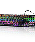 Slick Wired Retro Typewriter Mechanical Gaming Keyboard With 104 Keys Punchy Blue Switches And Bangin Rgb Backlighting For Pc And Mac Featuring Rad Round Keycaps For Pure Vibe, showcasing colorful RGB lighting.