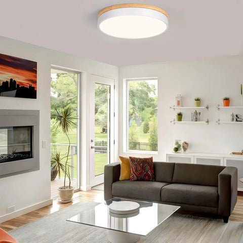 Wooden Flush Mount Ceiling Light With Dimmable LED 5CCT 2700K 6000K Round 16 Inch Ceiling Fixture For Kitchen Living Room Dining Room And Bedroom Modern Farmhouse Style Easy Install And Brilliance Control Lit