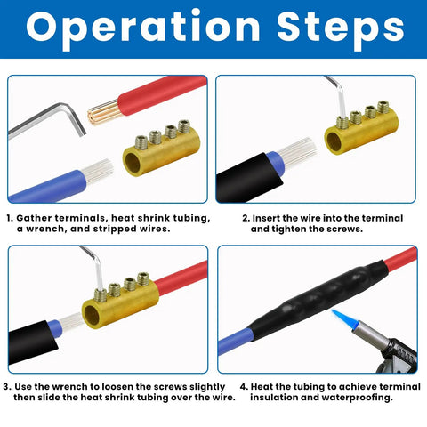 Operation steps for 15 Piece Wire Connector Nut Kit For 10-6 AWG Cables, showing wiring, terminal insertion, and heat shrink application