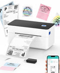 Bluetooth Shipping Label Printer 4x6 Inch For Windows Mac Android iOS, High Speed Inkless Thermal Printing For USPS UPS Etsy Shopify Poshmark, Easy Setup And Instant Printing next to printed labels and smartphone control display.
