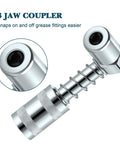 Close-up of 90 Degree Grease Coupler And Gun Adapter Two Pack With 3 Jaw Swivel Right Fittings, ideal for hard-to-reach areas.