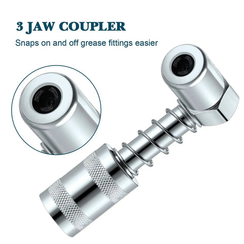 Close-up of 90 Degree Grease Coupler And Gun Adapter Two Pack With 3 Jaw Swivel Right Fittings, ideal for hard-to-reach areas.