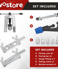Image of All In One Flaring And Swage Tool Kit For Copper Plastic And Aluminum Pipe With Tubing Cutter And Ratchet Wrench Includes Flare Cones Bars Fittings And Storage Case DIY Friendly Pro Grade Gear showing components labeled A to E.
