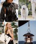 8 Pack Gold Carabiner Keychains With Brass Locking Clips And Screw Lock Key Rings in use on a backpack, dog leash, purse, and lantern