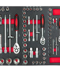 Sockets and ratchet wrenches from 420 Piece Home DIY Hand Tools Set With Organizer Box displayed in EVA tray.