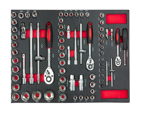Sockets and ratchet wrenches from 420 Piece Home DIY Hand Tools Set With Organizer Box displayed in EVA tray.