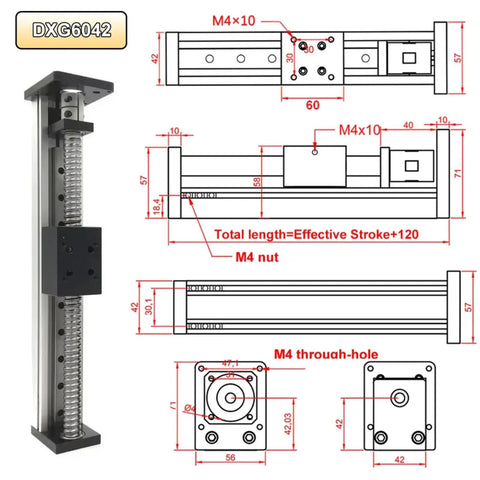 Beefy 42mm Wide CNC Slide Table With SFU1204 1605 1610 Linear Guides, Monorail XYZ Axis Ball Screw Slider For Precise CNC Motion And DIY Machining Projects For High Precision Metalworking, Woodworking, And Prototyping Applications. Technical drawing of 42mm CNC slide table with ball screw and linear guide dimensions.