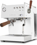 Dual Thermoblock Espresso Machine With PID Programmable Volumetric Control Walnut Joystick Steam Wand And Precision Shower Screen 120V White Finish For Pro Style Home Barista Boss