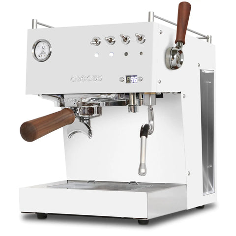 Dual Thermoblock Espresso Machine With PID Programmable Volumetric Control Walnut Joystick Steam Wand And Precision Shower Screen 120V White Finish For Pro Style Home Barista Boss