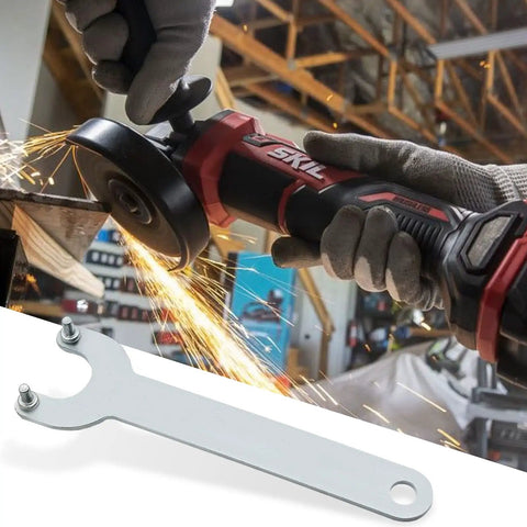 Heavy Duty Angle Grinder Wrench Set Compatible With 125 Mm And 150 Mm Tools Featuring Solid Steel Flats That Are Hella Rust Proof and Ride Or Die Tough For Every Shop Build. Close-up of wrench and angle grinder in use.
