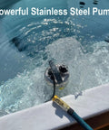 Tough As Nails Submersible Sump Pump Stainless Steel Body 1HP Motor 3700 GPH High Flow Crushes Basement Flooding 27 Foot Lift Energy Savvy No Sweat Drainage Workhorse in a pool with water flowing.