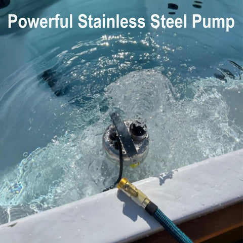 Tough As Nails Submersible Sump Pump Stainless Steel Body 1HP Motor 3700 GPH High Flow Crushes Basement Flooding 27 Foot Lift Energy Savvy No Sweat Drainage Workhorse in a pool with water flowing.