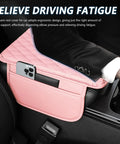 Upgraded Slick Microfiber Car Center Console Cover Universal Armrest Cushion With Nifty Double Side Storage Pockets Pink Ride Pad for Daily Driving and Road Trips, featuring a sleek ergonomic design and phone holder.