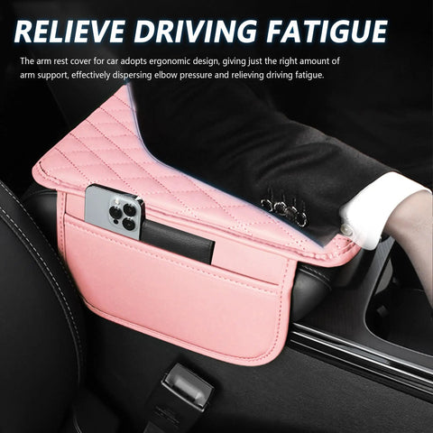 Upgraded Slick Microfiber Car Center Console Cover Universal Armrest Cushion With Nifty Double Side Storage Pockets Pink Ride Pad for Daily Driving and Road Trips, featuring a sleek ergonomic design and phone holder.
