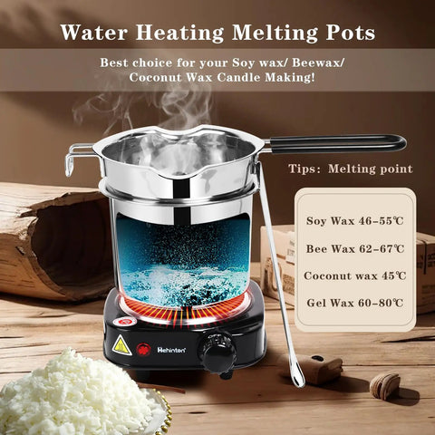 Pro Grade Double Boiler Wax Melter Pot For Candle Making Kit with temperature chart and hot plate, ideal for soy candles.