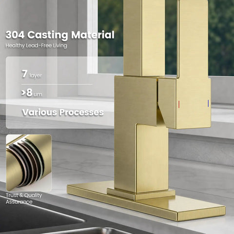 Close-up of APPASO Gold Kitchen Faucet with Pull Down Kitchen Faucets showcasing 304 casting material for durability.