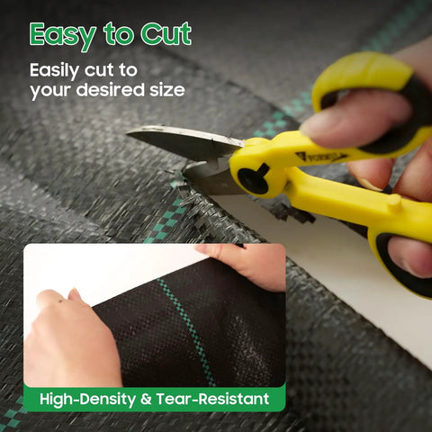 Yellow scissors cutting Heavy Duty Weed Barrier Landscape Fabric Made From 100 Percent New Polypropylene Black 3 Foot By 100 Foot Water Permeable Tear Resistant For Gardening Tough As Nails Built To Last And Keeps Weeds Out.