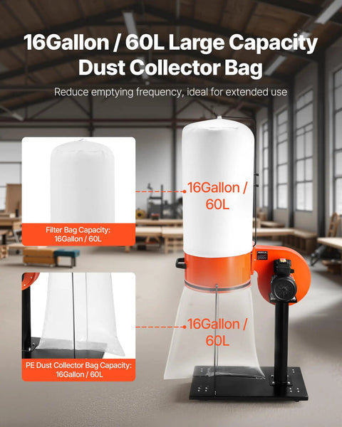 800 CFM Vortex Cone Dust Collector For Woodworking Shop With Two Point Five Micron Filter 1 HP Motor 16 Gallon Dust Bag