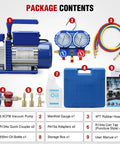 Straight Up Heavy Duty 3.5 CFM 1/4 HP 110V Single Stage AC Vacuum Pump And Gauge Set Kit package contents including pump, gauge, hoses, and accessories.