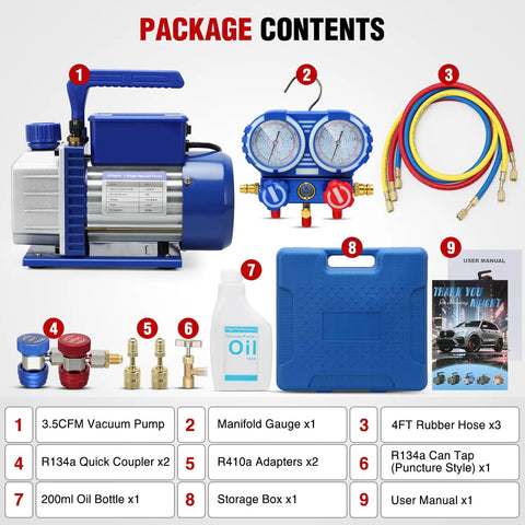 Straight Up Heavy Duty 3.5 CFM 1/4 HP 110V Single Stage AC Vacuum Pump And Gauge Set Kit package contents including pump, gauge, hoses, and accessories.