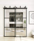 Bypass Glass Barn Door Set 72 X 84 Inches With 6 Foot Double Hardware Kit And Soft Close with clear glass in black frame