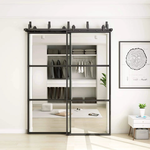 Bypass Glass Barn Door Set 72 X 84 Inches With 6 Foot Double Hardware Kit And Soft Close with clear glass in black frame
