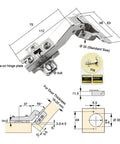Badass 45 Degree Corner Cabinet Hinge Pack Of 8 With 35 Millimeter Mount Fits 16 To 20 Millimeter Panels detailed view with dimensions and features.